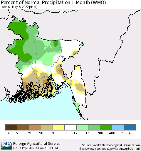 Bangladesh Percent of Normal Precipitation 1-Month (WMO) Thematic Map For 4/6/2022 - 5/5/2022