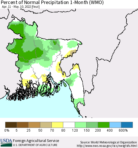 Bangladesh Percent of Normal Precipitation 1-Month (WMO) Thematic Map For 4/11/2022 - 5/10/2022