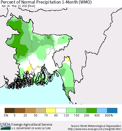 Bangladesh Percent of Normal Precipitation 1-Month (WMO) Thematic Map For 4/16/2022 - 5/15/2022