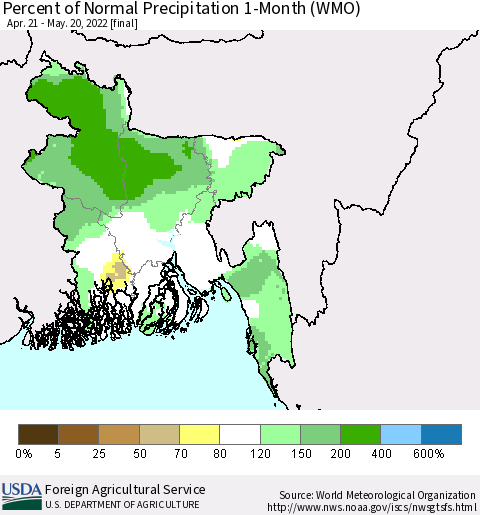 Bangladesh Percent of Normal Precipitation 1-Month (WMO) Thematic Map For 4/21/2022 - 5/20/2022