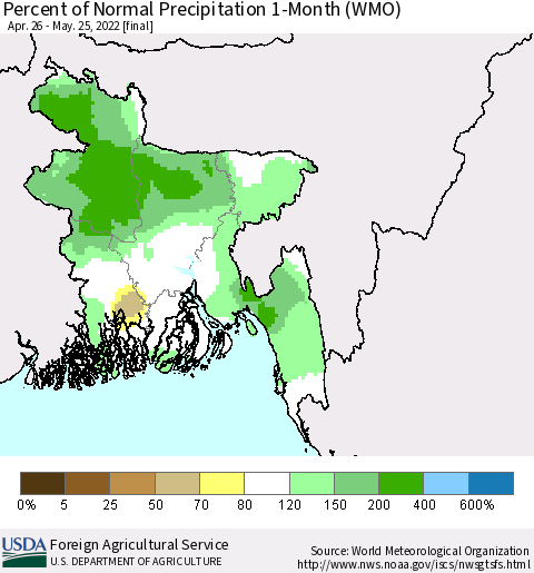 Bangladesh Percent of Normal Precipitation 1-Month (WMO) Thematic Map For 4/26/2022 - 5/25/2022