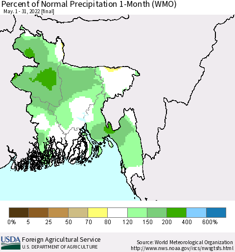 Bangladesh Percent of Normal Precipitation 1-Month (WMO) Thematic Map For 5/1/2022 - 5/31/2022