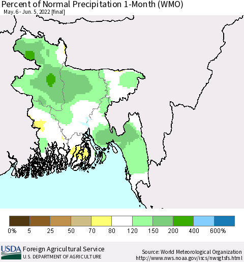Bangladesh Percent of Normal Precipitation 1-Month (WMO) Thematic Map For 5/6/2022 - 6/5/2022
