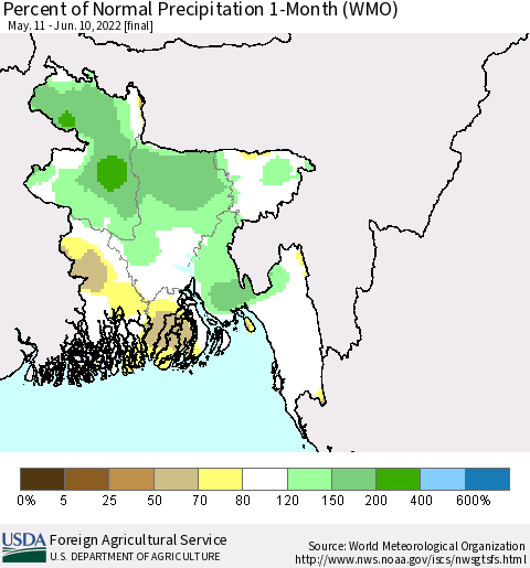 Bangladesh Percent of Normal Precipitation 1-Month (WMO) Thematic Map For 5/11/2022 - 6/10/2022