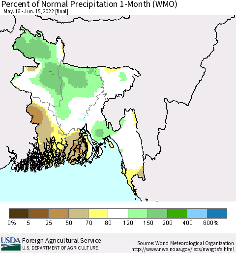 Bangladesh Percent of Normal Precipitation 1-Month (WMO) Thematic Map For 5/16/2022 - 6/15/2022
