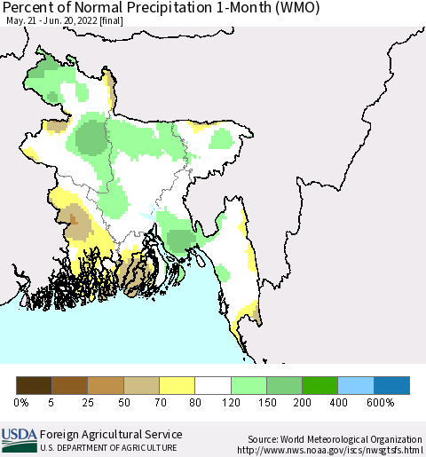 Bangladesh Percent of Normal Precipitation 1-Month (WMO) Thematic Map For 5/21/2022 - 6/20/2022