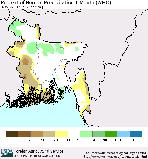 Bangladesh Percent of Normal Precipitation 1-Month (WMO) Thematic Map For 5/26/2022 - 6/25/2022