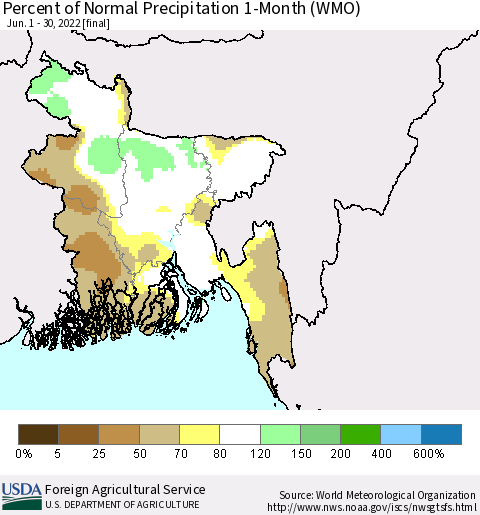 Bangladesh Percent of Normal Precipitation 1-Month (WMO) Thematic Map For 6/1/2022 - 6/30/2022