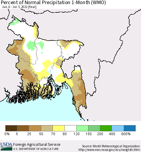 Bangladesh Percent of Normal Precipitation 1-Month (WMO) Thematic Map For 6/6/2022 - 7/5/2022