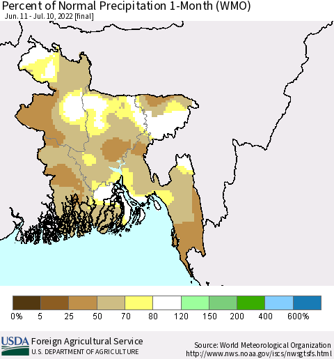 Bangladesh Percent of Normal Precipitation 1-Month (WMO) Thematic Map For 6/11/2022 - 7/10/2022