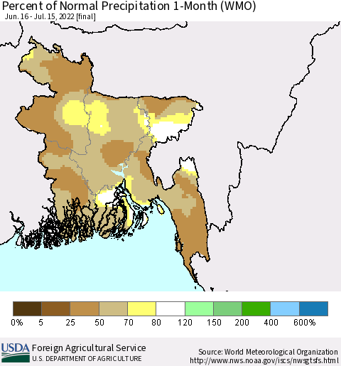 Bangladesh Percent of Normal Precipitation 1-Month (WMO) Thematic Map For 6/16/2022 - 7/15/2022