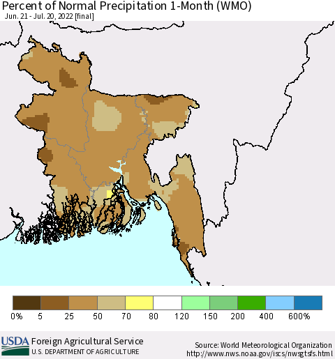 Bangladesh Percent of Normal Precipitation 1-Month (WMO) Thematic Map For 6/21/2022 - 7/20/2022