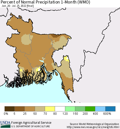 Bangladesh Percent of Normal Precipitation 1-Month (WMO) Thematic Map For 6/26/2022 - 7/25/2022