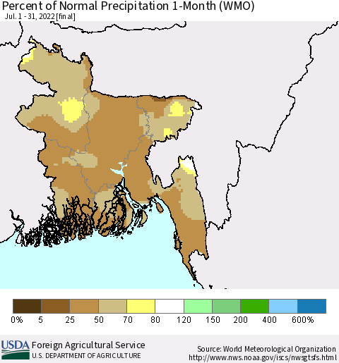 Bangladesh Percent of Normal Precipitation 1-Month (WMO) Thematic Map For 7/1/2022 - 7/31/2022