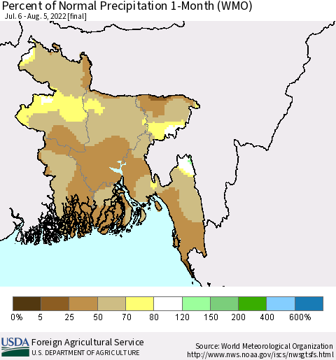 Bangladesh Percent of Normal Precipitation 1-Month (WMO) Thematic Map For 7/6/2022 - 8/5/2022