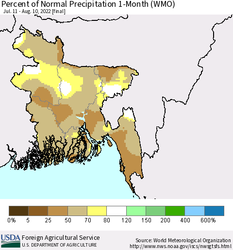 Bangladesh Percent of Normal Precipitation 1-Month (WMO) Thematic Map For 7/11/2022 - 8/10/2022