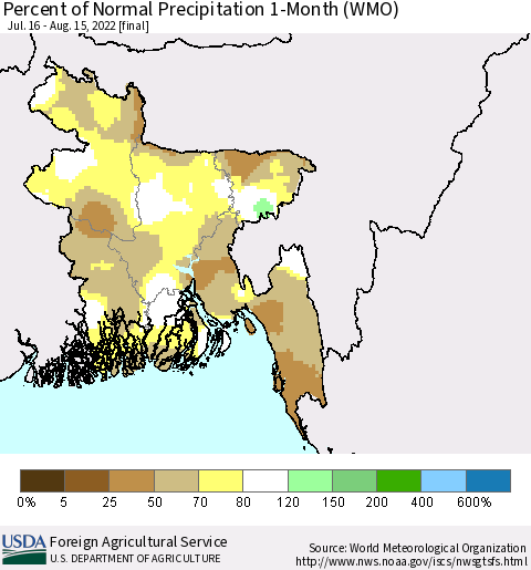 Bangladesh Percent of Normal Precipitation 1-Month (WMO) Thematic Map For 7/16/2022 - 8/15/2022