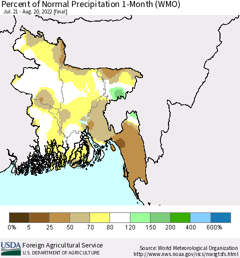 Bangladesh Percent of Normal Precipitation 1-Month (WMO) Thematic Map For 7/21/2022 - 8/20/2022