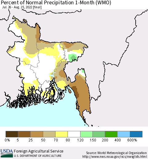 Bangladesh Percent of Normal Precipitation 1-Month (WMO) Thematic Map For 7/26/2022 - 8/25/2022