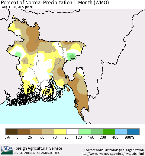 Bangladesh Percent of Normal Precipitation 1-Month (WMO) Thematic Map For 8/1/2022 - 8/31/2022
