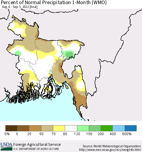 Bangladesh Percent of Normal Precipitation 1-Month (WMO) Thematic Map For 8/6/2022 - 9/5/2022