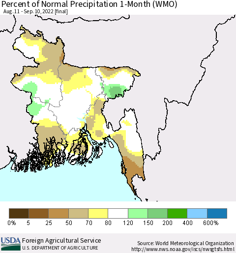 Bangladesh Percent of Normal Precipitation 1-Month (WMO) Thematic Map For 8/11/2022 - 9/10/2022