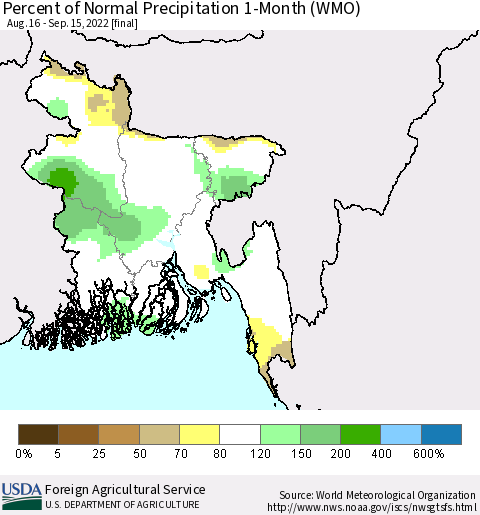 Bangladesh Percent of Normal Precipitation 1-Month (WMO) Thematic Map For 8/16/2022 - 9/15/2022