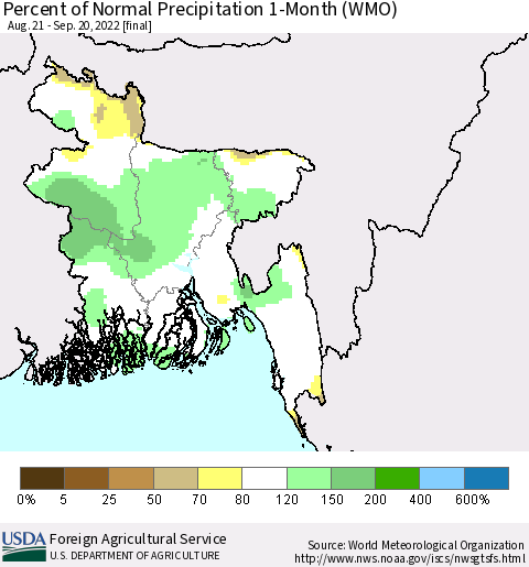 Bangladesh Percent of Normal Precipitation 1-Month (WMO) Thematic Map For 8/21/2022 - 9/20/2022