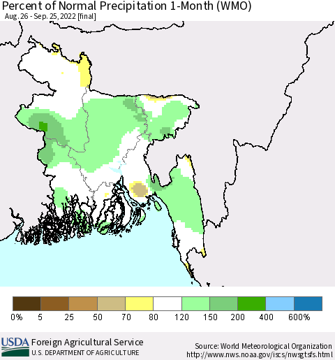 Bangladesh Percent of Normal Precipitation 1-Month (WMO) Thematic Map For 8/26/2022 - 9/25/2022