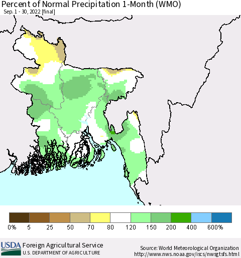 Bangladesh Percent of Normal Precipitation 1-Month (WMO) Thematic Map For 9/1/2022 - 9/30/2022