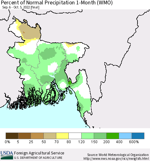 Bangladesh Percent of Normal Precipitation 1-Month (WMO) Thematic Map For 9/6/2022 - 10/5/2022