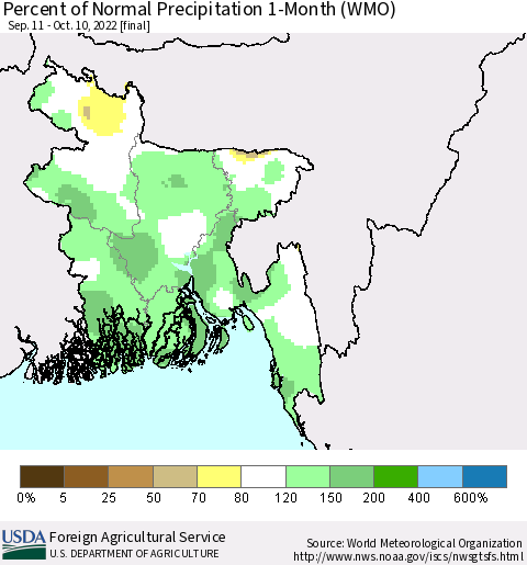 Bangladesh Percent of Normal Precipitation 1-Month (WMO) Thematic Map For 9/11/2022 - 10/10/2022