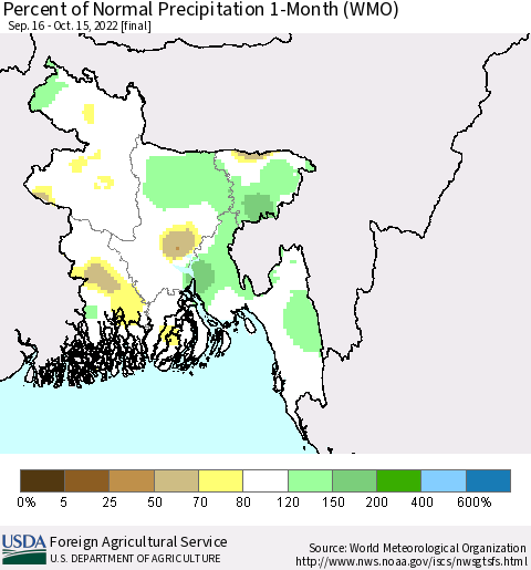Bangladesh Percent of Normal Precipitation 1-Month (WMO) Thematic Map For 9/16/2022 - 10/15/2022