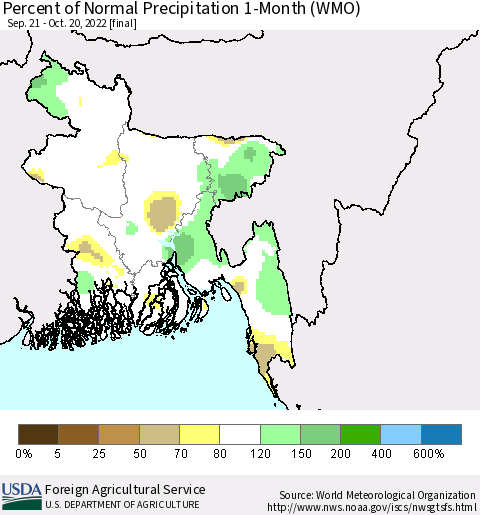 Bangladesh Percent of Normal Precipitation 1-Month (WMO) Thematic Map For 9/21/2022 - 10/20/2022