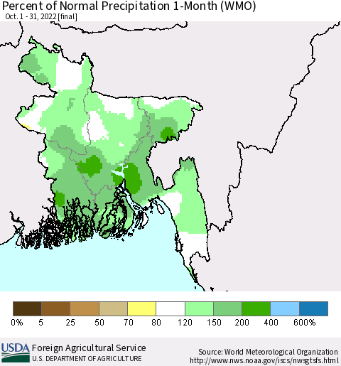 Bangladesh Percent of Normal Precipitation 1-Month (WMO) Thematic Map For 10/1/2022 - 10/31/2022