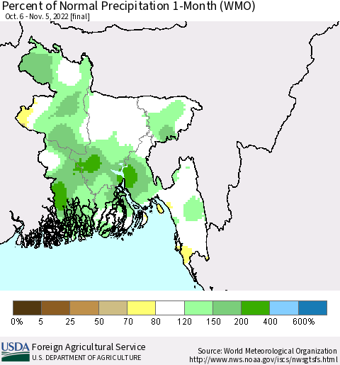 Bangladesh Percent of Normal Precipitation 1-Month (WMO) Thematic Map For 10/6/2022 - 11/5/2022
