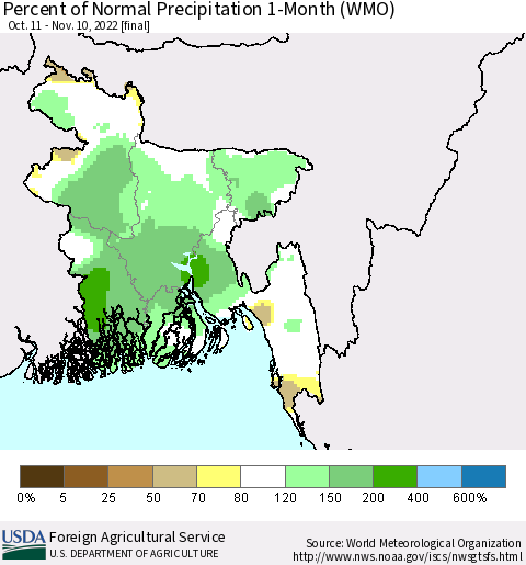 Bangladesh Percent of Normal Precipitation 1-Month (WMO) Thematic Map For 10/11/2022 - 11/10/2022