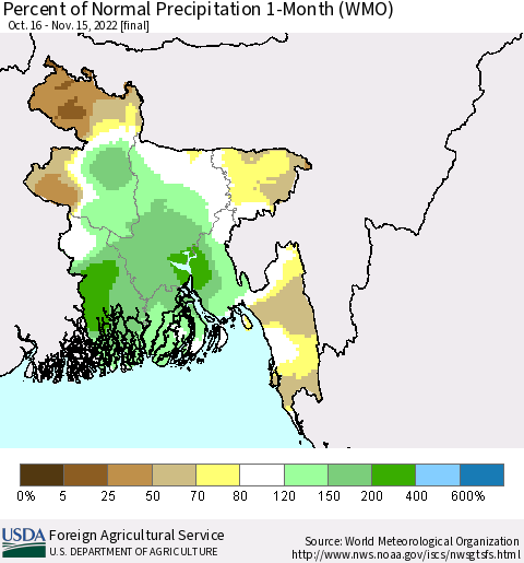 Bangladesh Percent of Normal Precipitation 1-Month (WMO) Thematic Map For 10/16/2022 - 11/15/2022