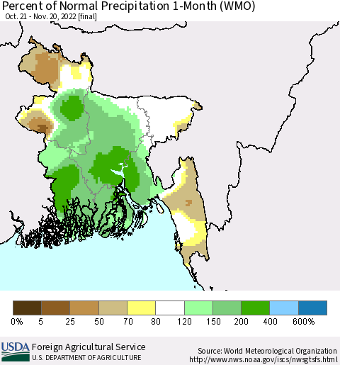 Bangladesh Percent of Normal Precipitation 1-Month (WMO) Thematic Map For 10/21/2022 - 11/20/2022