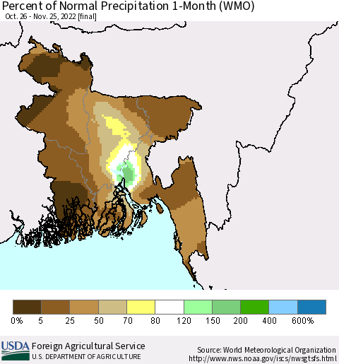 Bangladesh Percent of Normal Precipitation 1-Month (WMO) Thematic Map For 10/26/2022 - 11/25/2022