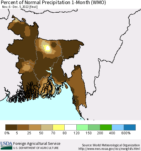 Bangladesh Percent of Normal Precipitation 1-Month (WMO) Thematic Map For 11/6/2022 - 12/5/2022