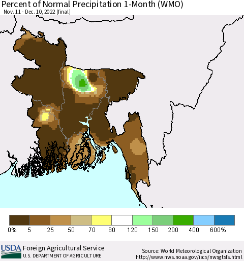 Bangladesh Percent of Normal Precipitation 1-Month (WMO) Thematic Map For 11/11/2022 - 12/10/2022