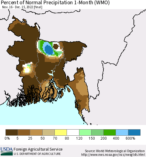 Bangladesh Percent of Normal Precipitation 1-Month (WMO) Thematic Map For 11/16/2022 - 12/15/2022
