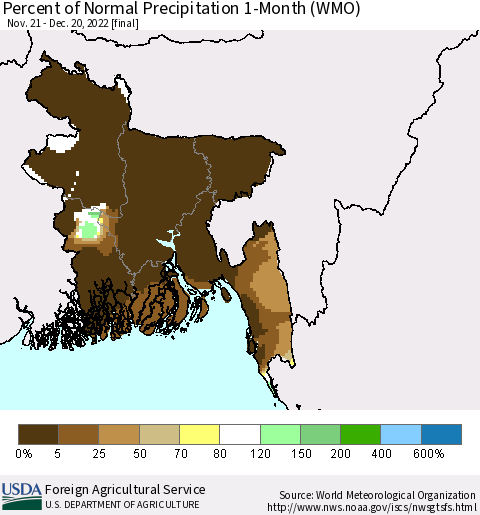 Bangladesh Percent of Normal Precipitation 1-Month (WMO) Thematic Map For 11/21/2022 - 12/20/2022