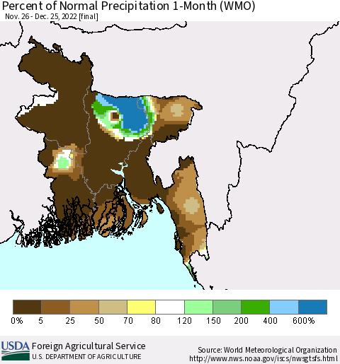 Bangladesh Percent of Normal Precipitation 1-Month (WMO) Thematic Map For 11/26/2022 - 12/25/2022