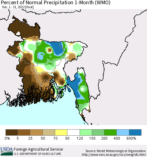 Bangladesh Percent of Normal Precipitation 1-Month (WMO) Thematic Map For 12/1/2022 - 12/31/2022