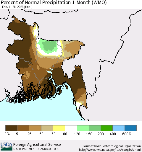 Bangladesh Percent of Normal Precipitation 1-Month (WMO) Thematic Map For 2/1/2023 - 2/28/2023