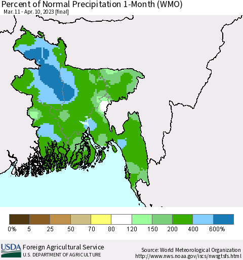Bangladesh Percent of Normal Precipitation 1-Month (WMO) Thematic Map For 3/11/2023 - 4/10/2023
