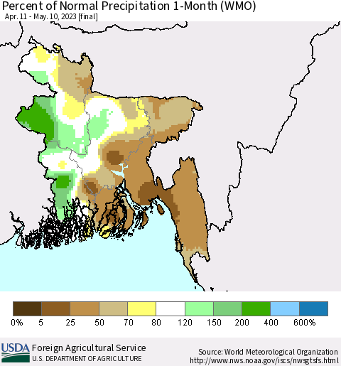 Bangladesh Percent of Normal Precipitation 1-Month (WMO) Thematic Map For 4/11/2023 - 5/10/2023