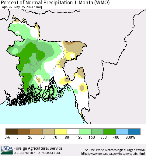 Bangladesh Percent of Normal Precipitation 1-Month (WMO) Thematic Map For 4/26/2023 - 5/25/2023